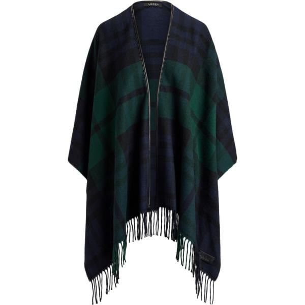 Mantella da donna in nero pece scozzese con frange in lana Lauren