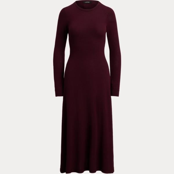 Vestito da donna a trapezio in rosso classico lavorato a maglia girocollo in lana Lauren