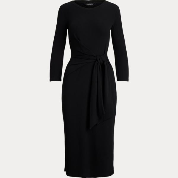 Vestito da donna in nero pece con fiocco girocollo a maniche lunghe in cotone Lauren