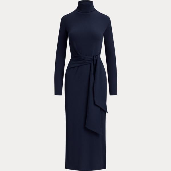 Vestito da donna mini in blu medio con fiocco collo a dolcevita in cotone Lauren Petite