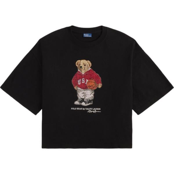 T-shirt da donna in nero pece con strass girocollo in cotone Polo Ralph Lauren