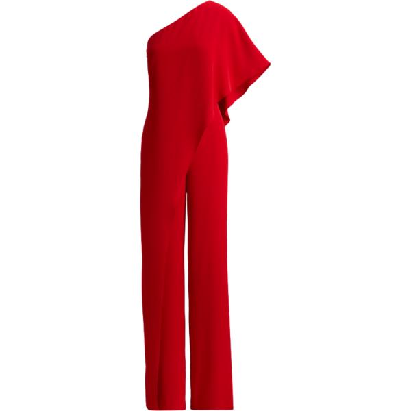 Tuta da donna forma asimmetrica in rosso classico in seta Lauren
