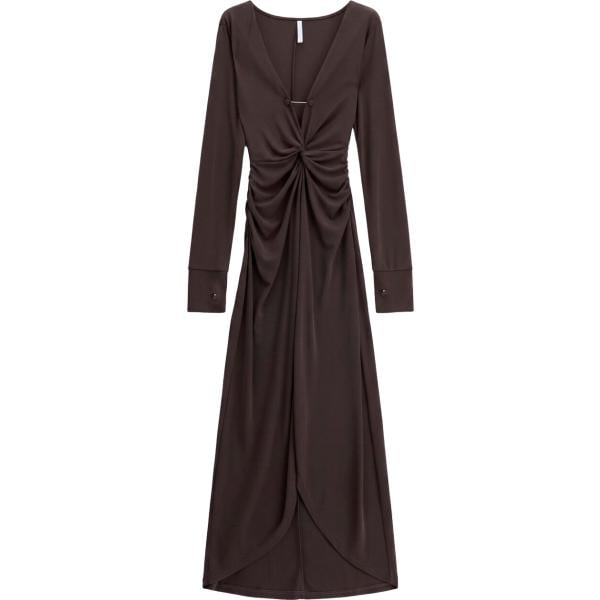 Vestito lungo da donna in marrone scuro collo a v con spacco a maniche lunghe Imperial