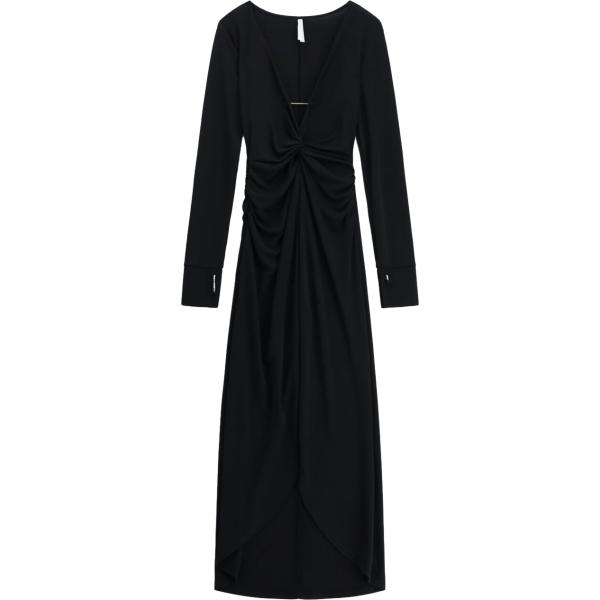 Vestito lungo da donna in nero pece collo a v con spacco a maniche lunghe Imperial