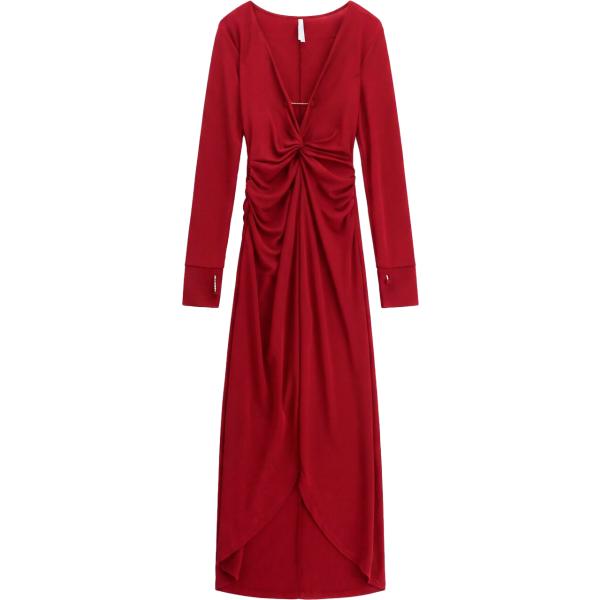 Vestito lungo da donna in bordeaux collo a v con spacco a maniche lunghe Imperial