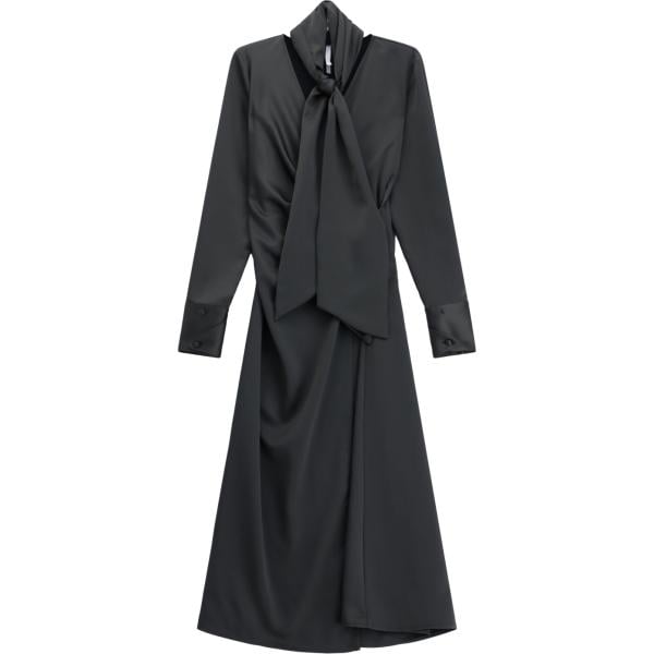 Vestito lungo da donna in nero pece con fiocco collo a v maxi a maniche lunghe Imperial