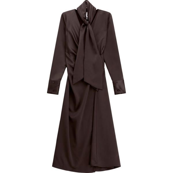 Vestito lungo da donna in marrone scuro con fiocco collo a v maxi a maniche lunghe Imperial