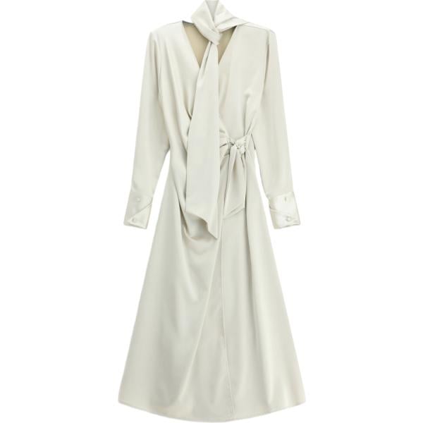 Vestito lungo da donna in bianco avorio con fiocco collo a v maxi a maniche lunghe Imperial Imperial