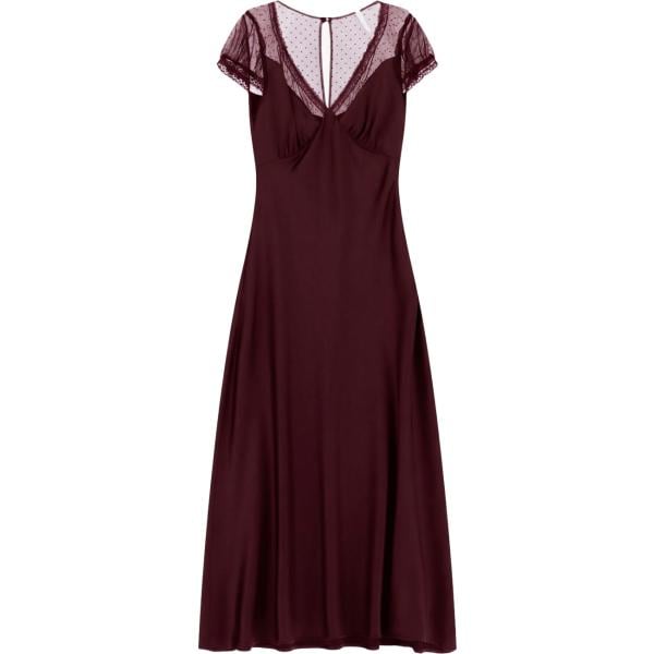 Vestito lungo da donna in marrone scuro a pois con pizzo collo a v lungo a maniche corte con zip Imperial