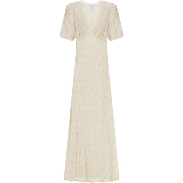 Vestito lungo da donna in bianco avorio con stampe con pizzo collo a v lungo a maniche corte Imperial