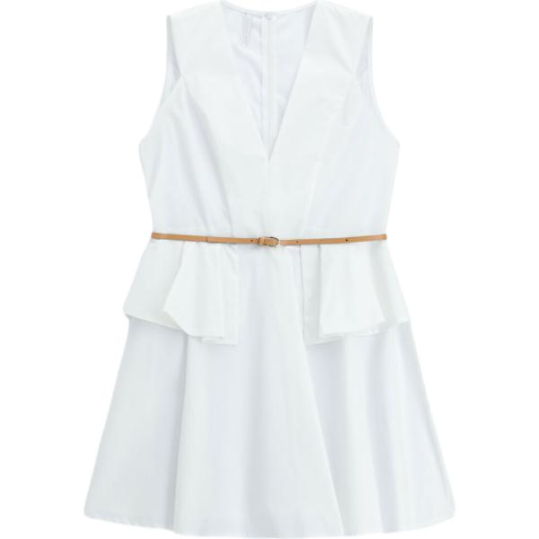 Vestito corto da donna in bianco neve con ruches collo a v corto senza maniche con zip Imperial