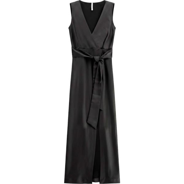 Vestito lungo da donna in nero pece collo a v lungo senza maniche con cintura Imperial