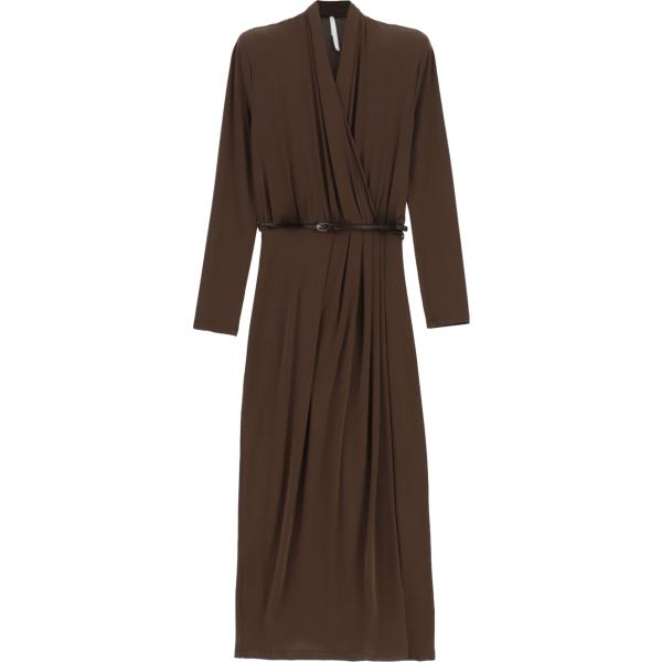 Vestito longuette/midi da donna in marrone scuro collo a v a maniche lunghe con cintura Imperial