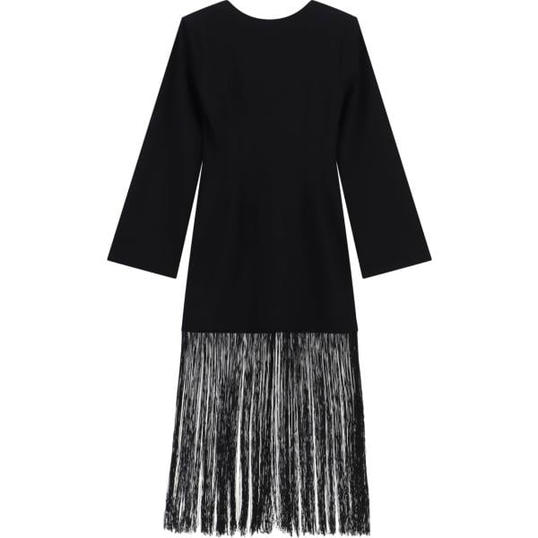 Vestito longuette/midi da donna in nero pece con frange con scollo a maniche lunghe Imperial