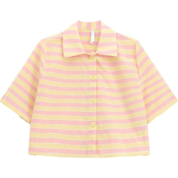 Camicia a maniche corte da donna in beige sabbia a righe collo classico cropped a maniche corte Imperial