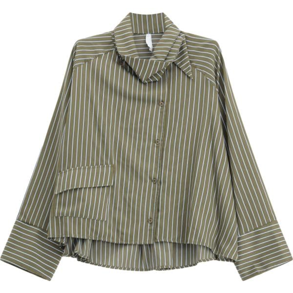 Camicia da donna in verde oliva a righe collo a polo a maniche lunghe Imperial