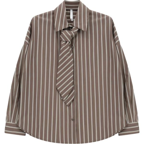 Camicia da donna in marrone scuro a righe collo classico a maniche lunghe con bottoni Imperial