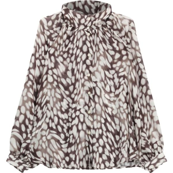 Camicia da donna in marrone scuro con stampe collo alto a maniche lunghe con bottoni Imperial