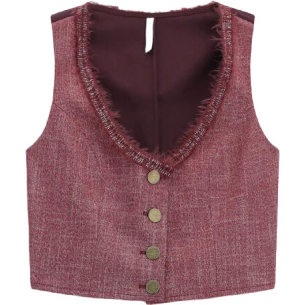 Gilet da donna in viola scuro con frange con scollo corto senza maniche con bottoni Imperial Imperial