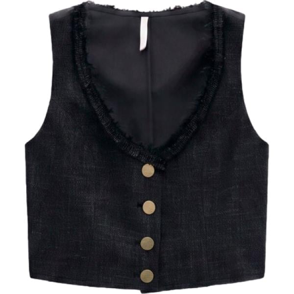 Gilet da donna in nero pece con frange con scollo corto senza maniche con bottoni Imperial Imperial