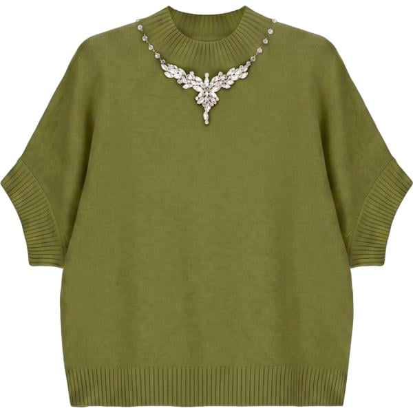 Maglione da donna in verde oliva con strass con scollo a maniche corte Imperial