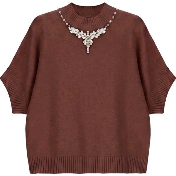 Maglione da donna in marrone scuro con strass con scollo a maniche corte Imperial