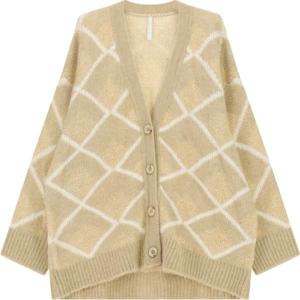 Cardigan da donna in beige sabbia geometrica collo a v a maniche lunghe con bottoni Imperial