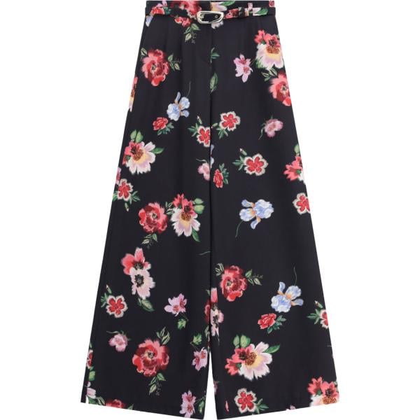 Pantaloni a palazzo da donna in nero pece con stampe a vita alta con cintura Imperial