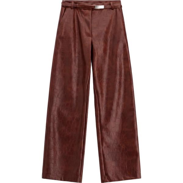 Pantaloni da donna in marrone scuro con stampe a vita alta in ecopelle Imperial