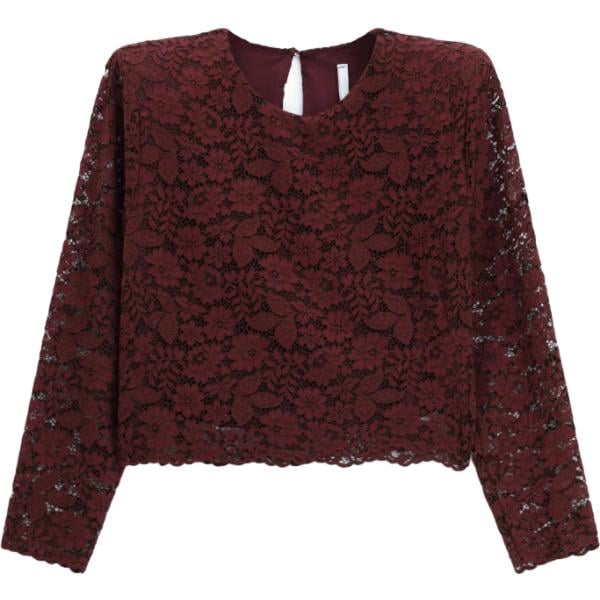 T-shirt da donna in bordeaux a fiori con pizzo con scollo a maniche lunghe Imperial