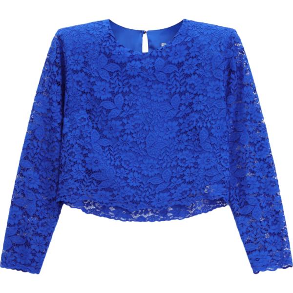 Top da donna in blu medio a fiori con pizzo con scollo a maniche lunghe Imperial