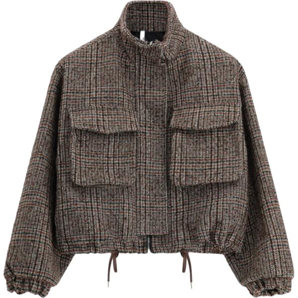 Bomber da donna in beige sabbia a quadri collo a dolcevita corto con coulisse Imperial