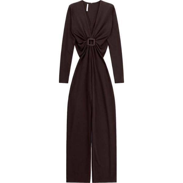 Tuta da donna con drappeggio in nero pece collo a v lungo a maniche lunghe con fibbia Imperial