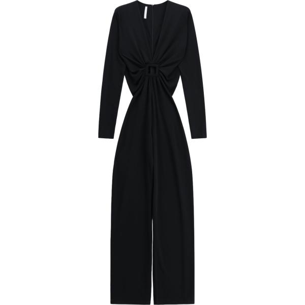 Tuta da donna con drappeggio in nero pece collo a v lungo a maniche lunghe con fibbia Imperial