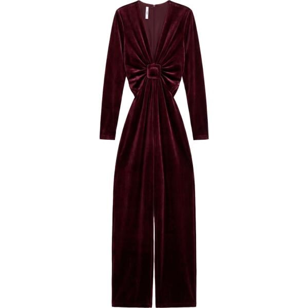 Tuta da donna con drappeggio in nero pece collo a v lungo a maniche lunghe con fibbia Imperial