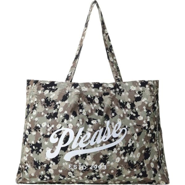 Shopping bag da donna in verde oliva con stampe Please