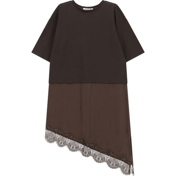 Vestito corto da donna in marrone scuro con pizzo corto a maniche corte Please