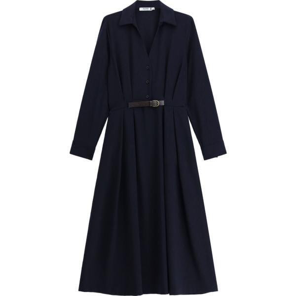 Vestito longuette/midi da donna in blu scuro collo classico a maniche lunghe con cintura Please
