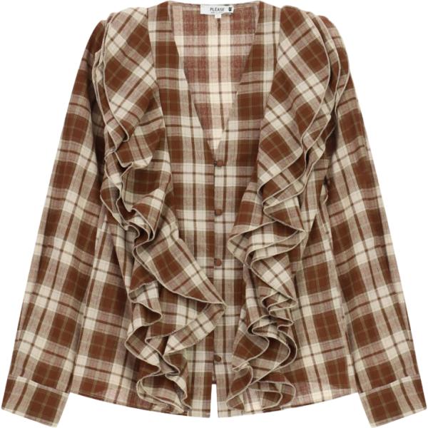 Camicia da donna in marrone chiaro con stampe con ruches maxi a maniche lunghe Please