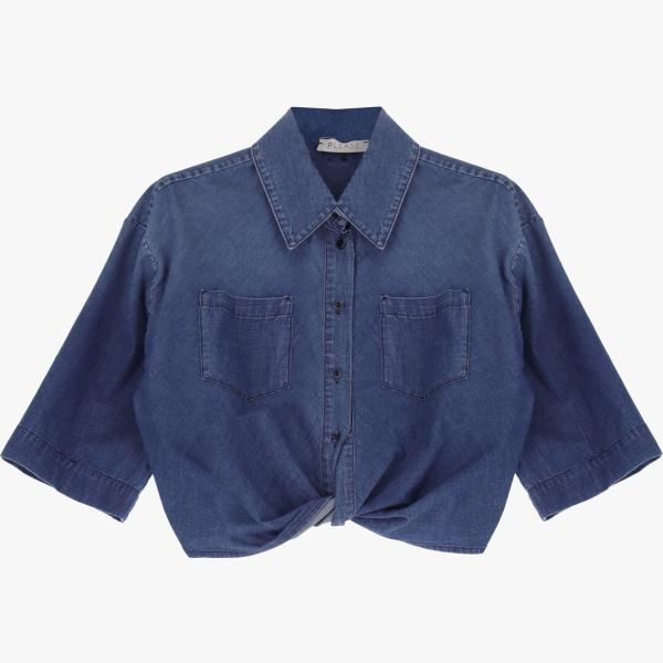 camicie a manica corta Please blu tinta unita