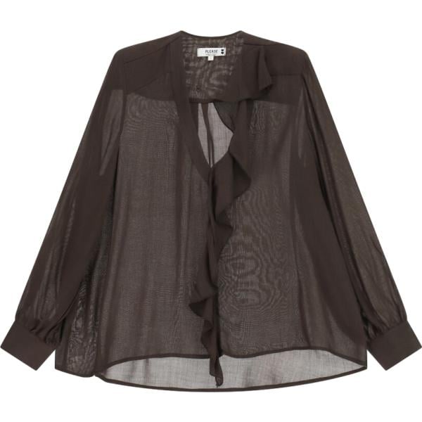 Blusa da donna in marrone scuro con ruches collo a v a maniche lunghe Please