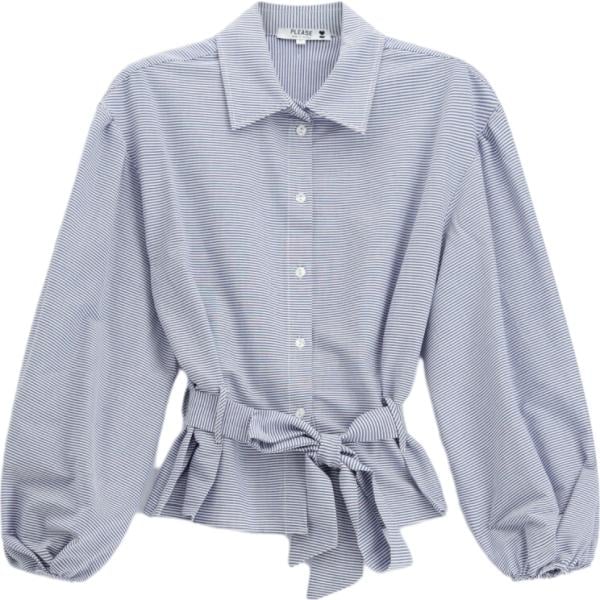 Camicia da donna in grigio chiaro a righe collo classico con cintura Please