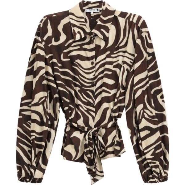 Camicia da donna in marrone scuro animalier a maniche lunghe con cintura Please