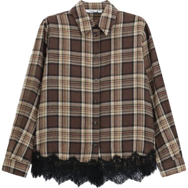 Camicia da donna in marrone scuro con stampe con pizzo a maniche lunghe Please