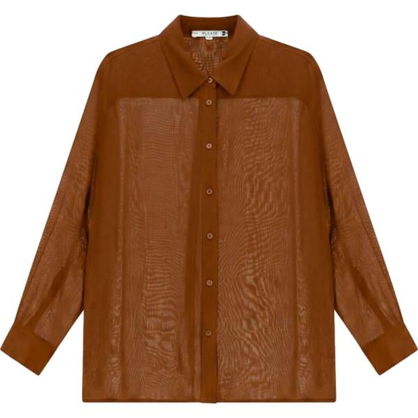 Camicia da donna in marrone scuro collo classico a maniche lunghe con bottoni in denim Please