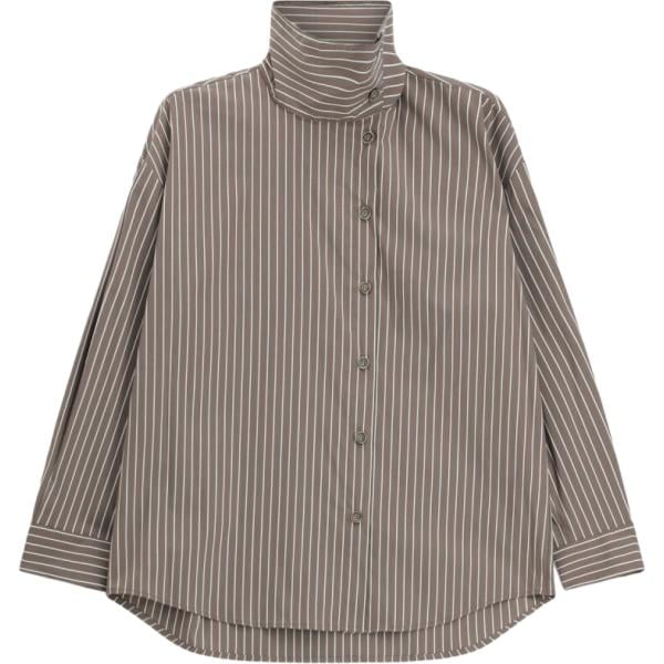Camicia da donna boxy in grigio chiaro a righe collo alto a maniche lunghe Please