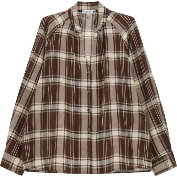 Camicia da donna in marrone chiaro a quadri collo coreana a maniche lunghe Please