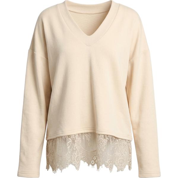 Felpa da donna in beige sabbia con pizzo collo a v a maniche lunghe Please