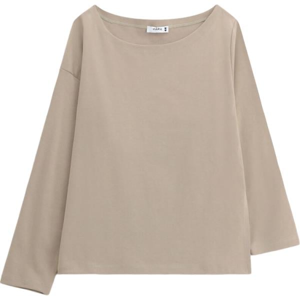 Felpa da donna in beige sabbia collo senza cappuccio a maniche lunghe in denim Please