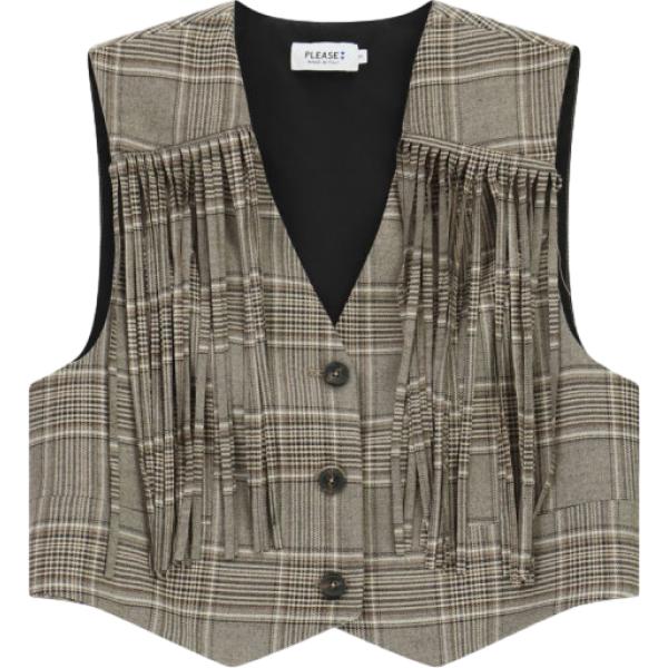 Gilet da donna in verde oliva a quadri con frange collo a v con bottoni Please Please